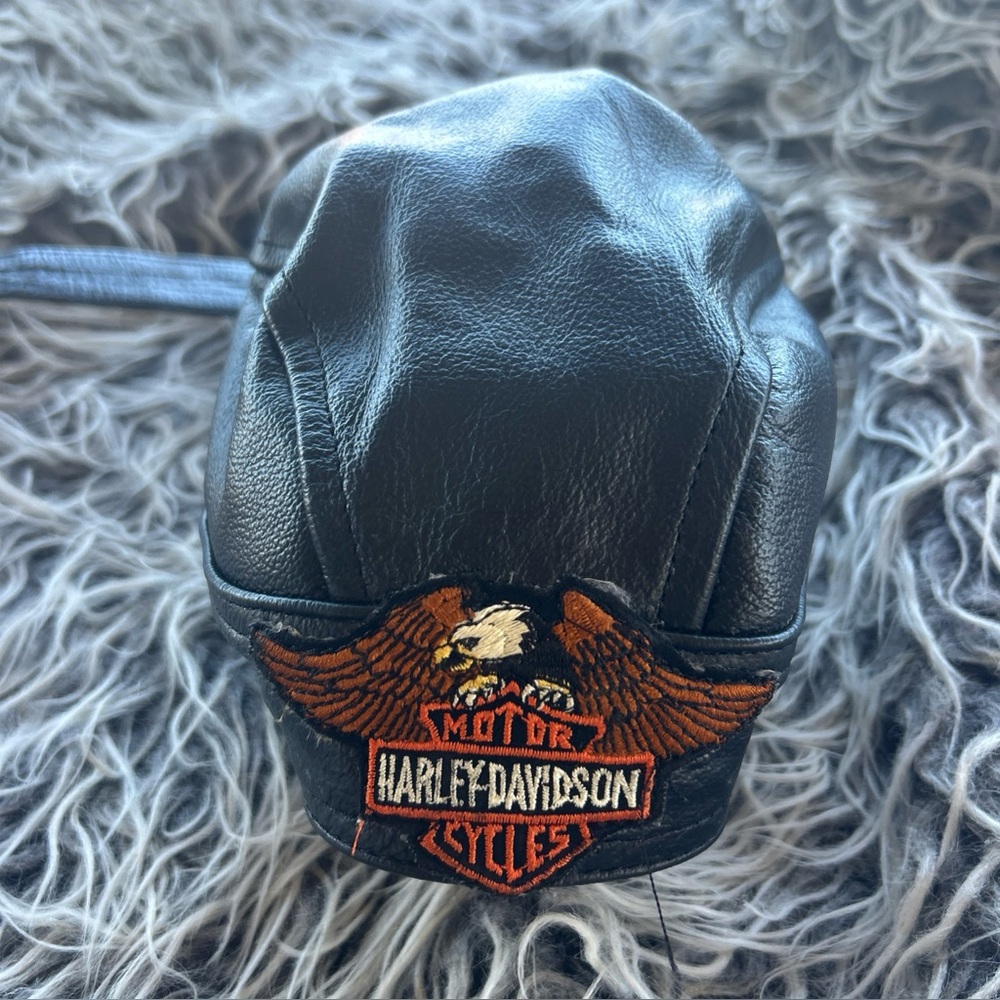 Harley-Davidson Black Leather Head Wrap Skull Cap Hat Motorcycle Vintage.
